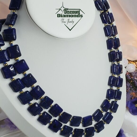 Natural Deep Blue Lapis Lazuli 12mm Flat Square Double Strand Necklace 14 Ct. Go - Picture 4 of 7